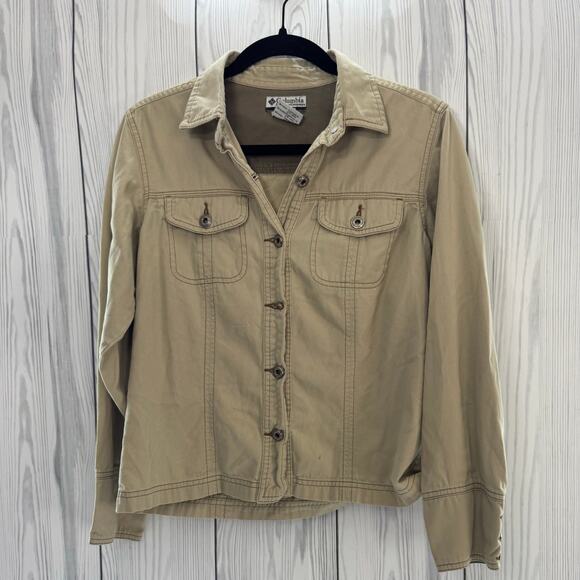 Columbia Jacket Womens Medium Tan Khaki Twill Trucker Button Up Boho Casual - Picture 1 of 6